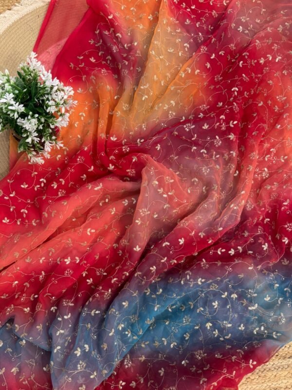 multishade saree with jaal work Blue + Pink