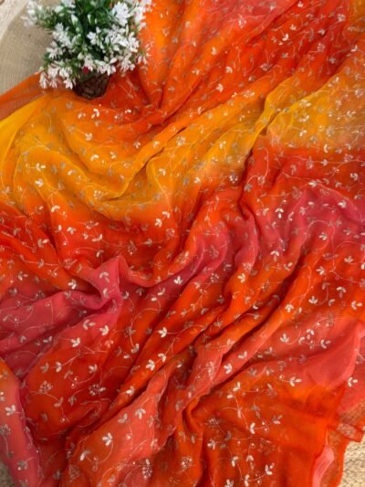 multishade saree with jaal work Pink + Yellow O + Orange