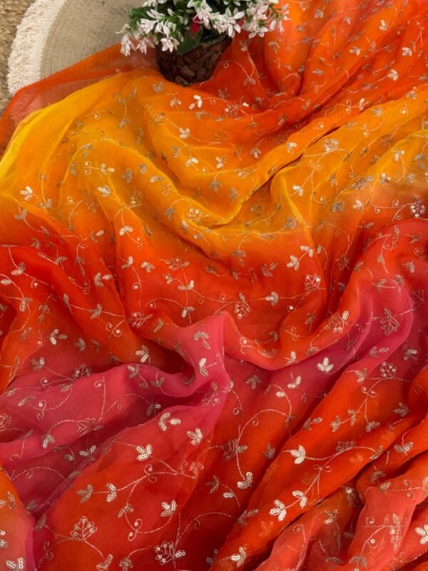 multishade saree with jaal work Pink + Yellow O + Orange