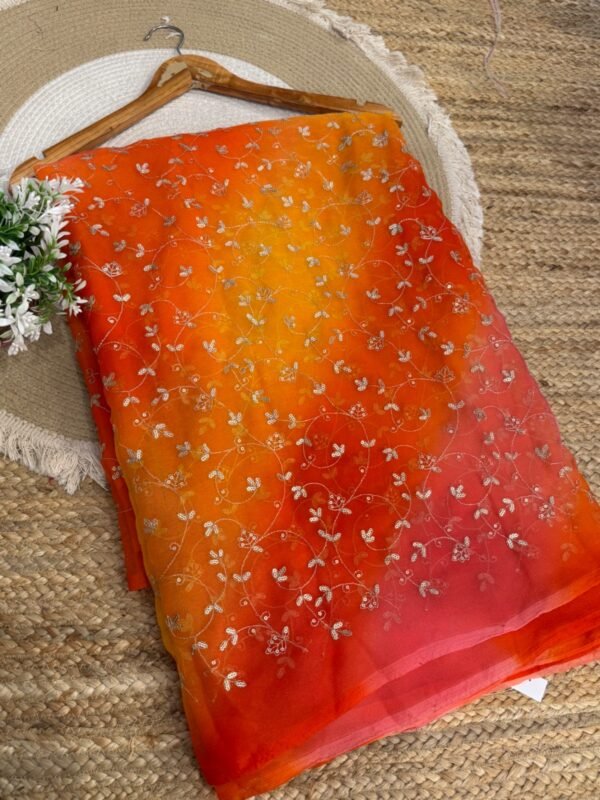 multishade saree with jaal work Pink + Yellow O + Orange