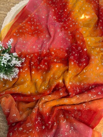multishade saree with jaal work Yellow + Red