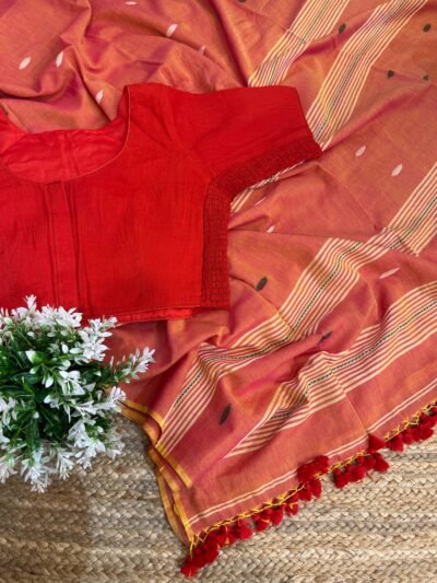Handloom mul cotton saree + Side strechable solid colour blouse