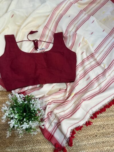 Handloom mul cotton saree + Plain cotton blouse